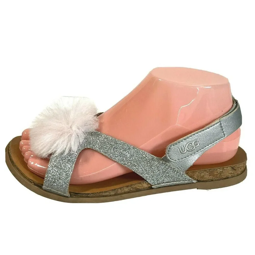 UGG Girls Pink Faux Fur Pom Pom Sandals Size 5 Fonda‎ Glitter Pink Silver